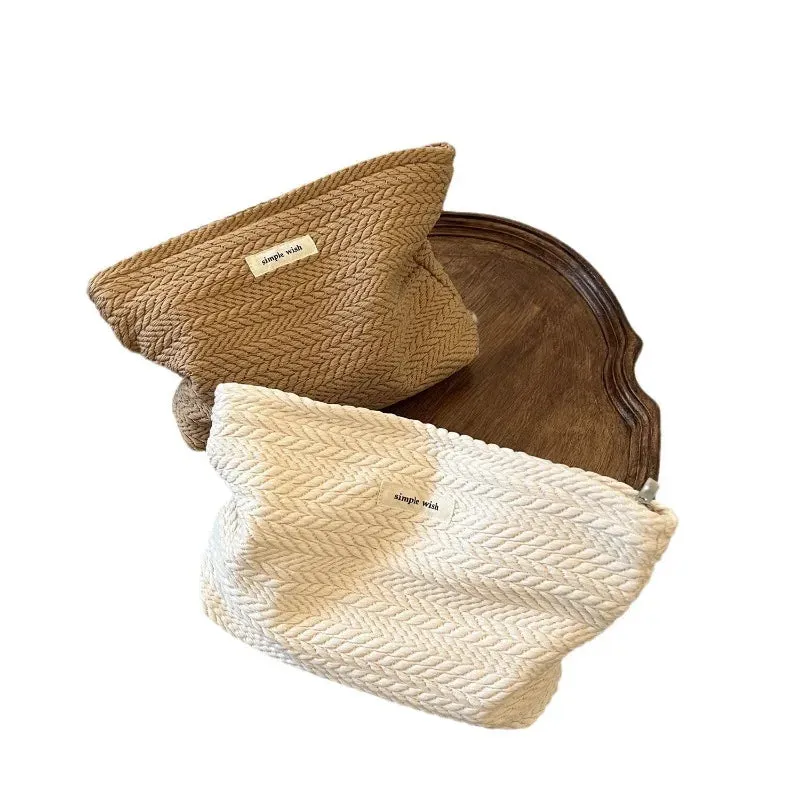 UAKISS  -  1 Piece Beige Coffee Spike of Rice Style Makeup Bag for Women Elegant Solid Color Woven Fabric Clutches Bag Large Capacity Bag