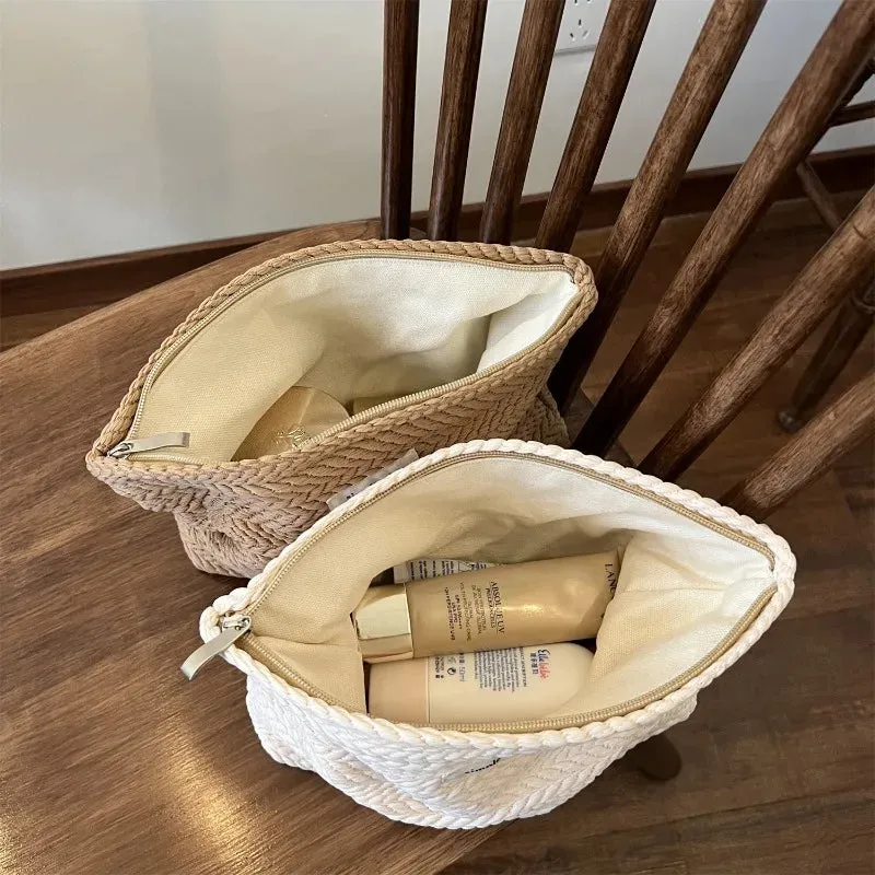 UAKISS  -  1 Piece Beige Coffee Spike of Rice Style Makeup Bag for Women Elegant Solid Color Woven Fabric Clutches Bag Large Capacity Bag