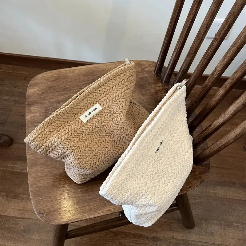 UAKISS  -  1 Piece Beige Coffee Spike of Rice Style Makeup Bag for Women Elegant Solid Color Woven Fabric Clutches Bag Large Capacity Bag