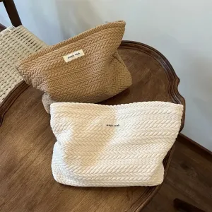 UAKISS  -  1 Piece Beige Coffee Spike of Rice Style Makeup Bag for Women Elegant Solid Color Woven Fabric Clutches Bag Large Capacity Bag