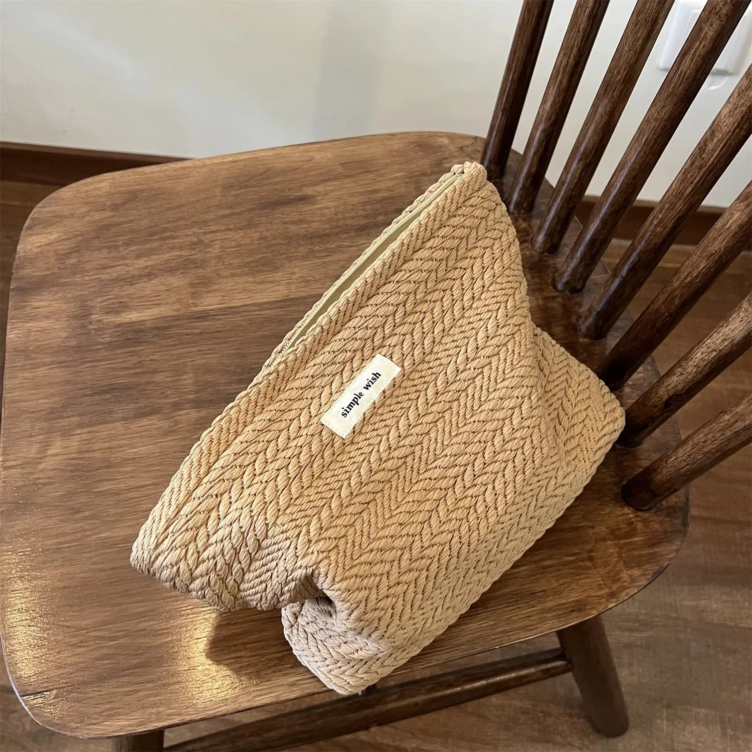 UAKISS  -  1 Piece Beige Coffee Spike of Rice Style Makeup Bag for Women Elegant Solid Color Woven Fabric Clutches Bag Large Capacity Bag