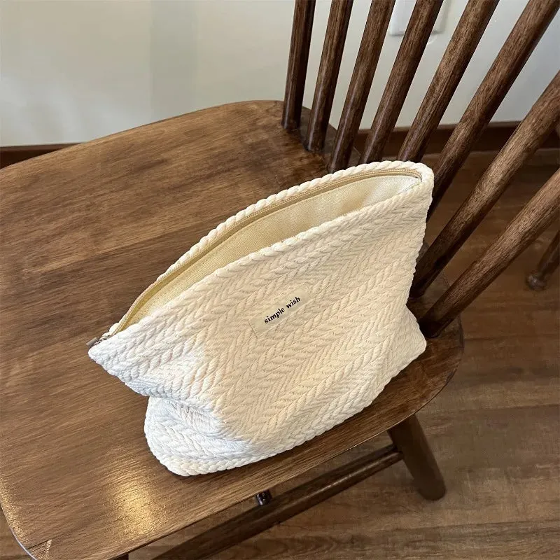 UAKISS  -  1 Piece Beige Coffee Spike of Rice Style Makeup Bag for Women Elegant Solid Color Woven Fabric Clutches Bag Large Capacity Bag