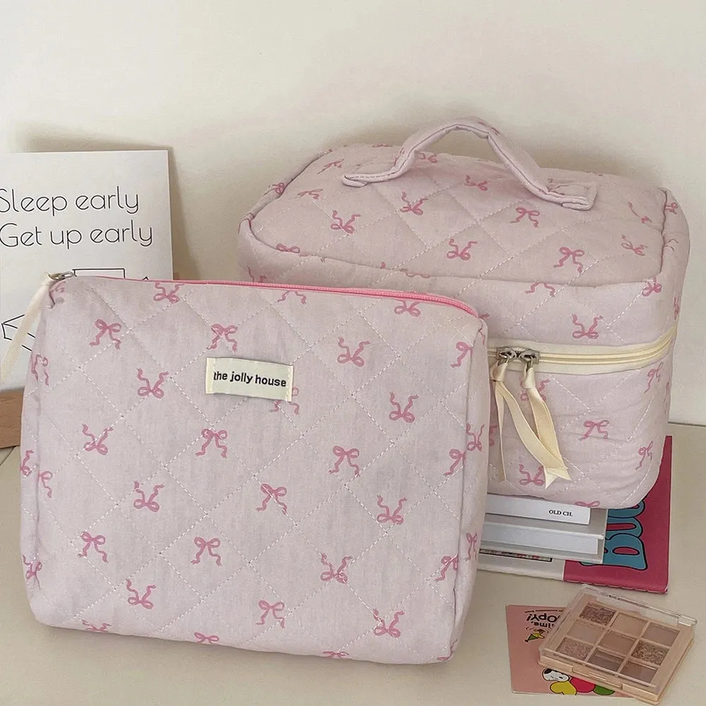 Uakiss Pink Bowknot Quilting Women Cosmetic Bag Portable Zipper Makeup Travel Organizer Female Handbag Toiletry Pouch For Girls