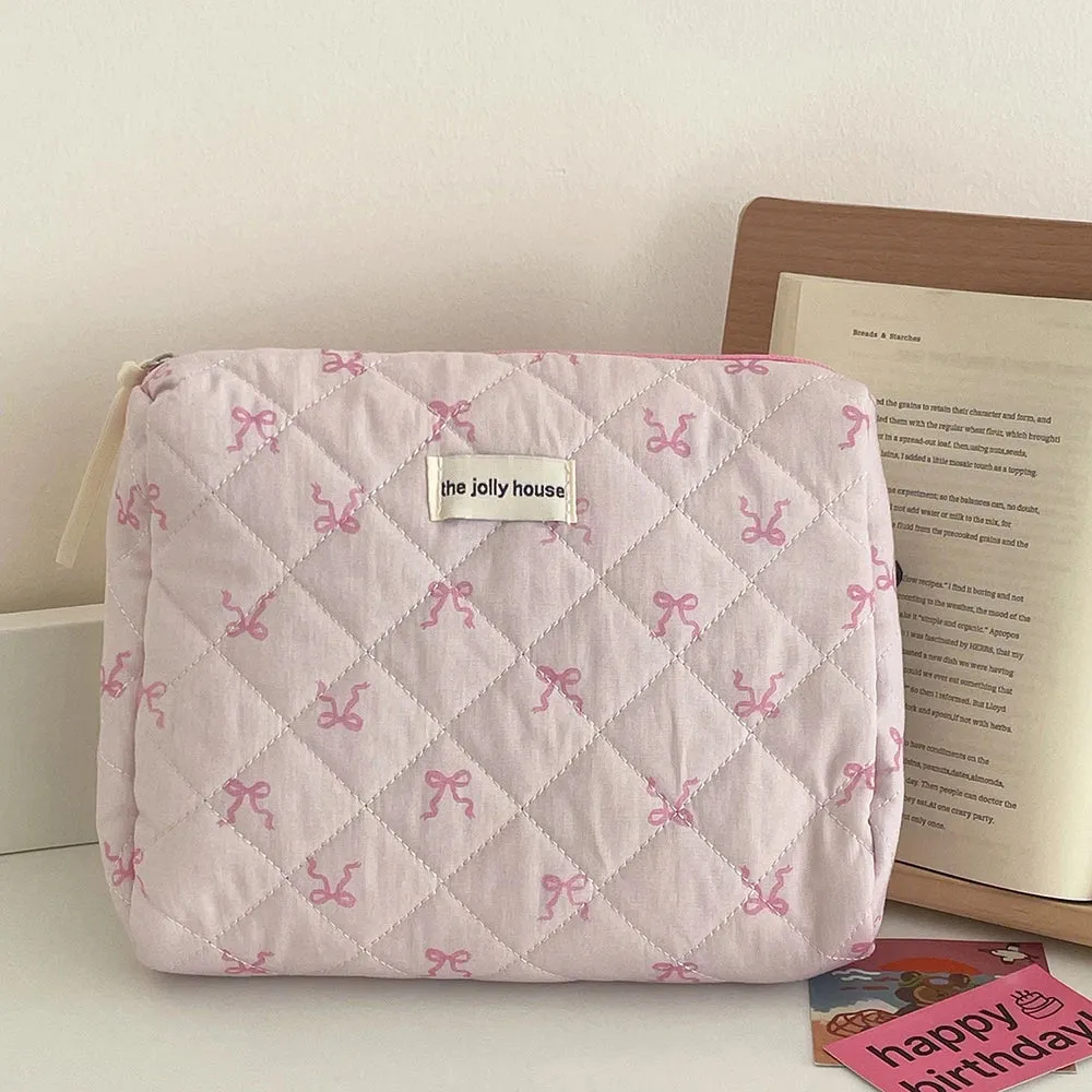 Uakiss Pink Bowknot Quilting Women Cosmetic Bag Portable Zipper Makeup Travel Organizer Female Handbag Toiletry Pouch For Girls