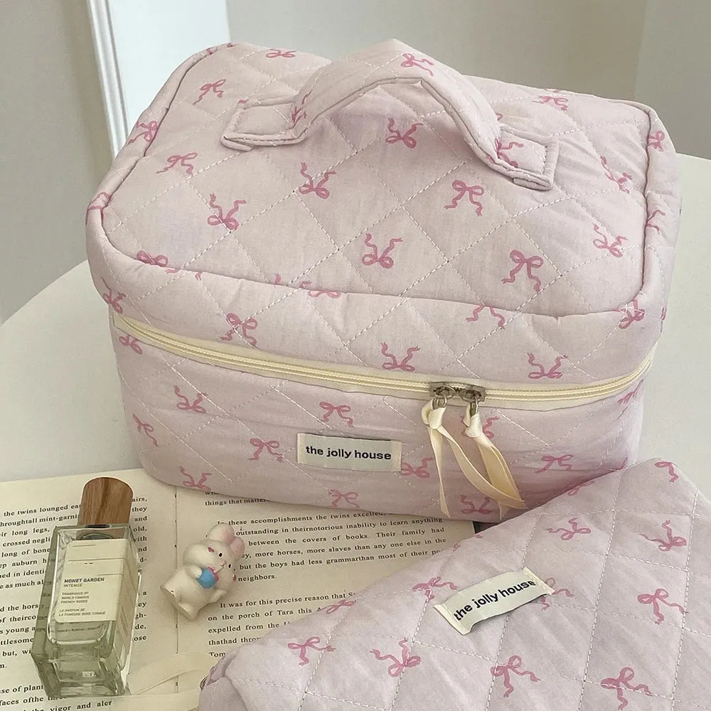 Uakiss Pink Bowknot Quilting Women Cosmetic Bag Portable Zipper Makeup Travel Organizer Female Handbag Toiletry Pouch For Girls