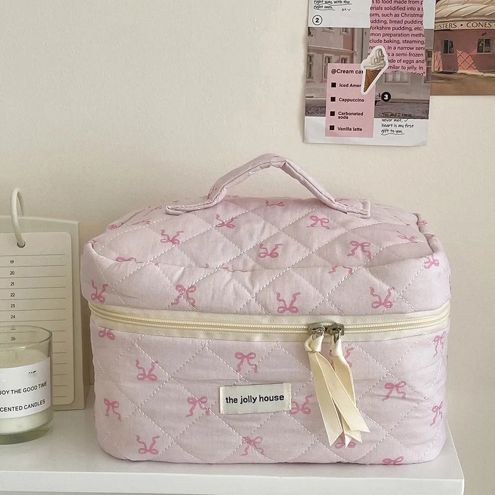 Uakiss Pink Bowknot Quilting Women Cosmetic Bag Portable Zipper Makeup Travel Organizer Female Handbag Toiletry Pouch For Girls