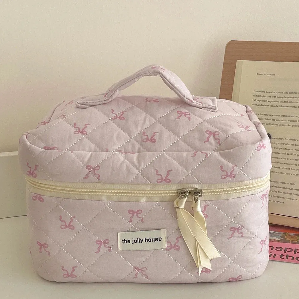 Uakiss Pink Bowknot Quilting Women Cosmetic Bag Portable Zipper Makeup Travel Organizer Female Handbag Toiletry Pouch For Girls