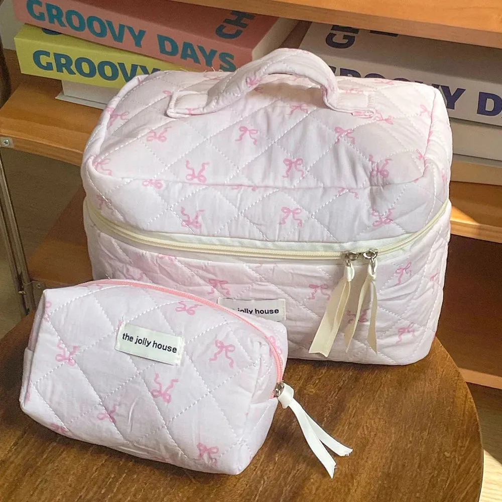 Uakiss Pink Bowknot Quilting Women Cosmetic Bag Portable Zipper Makeup Travel Organizer Female Handbag Toiletry Pouch For Girls