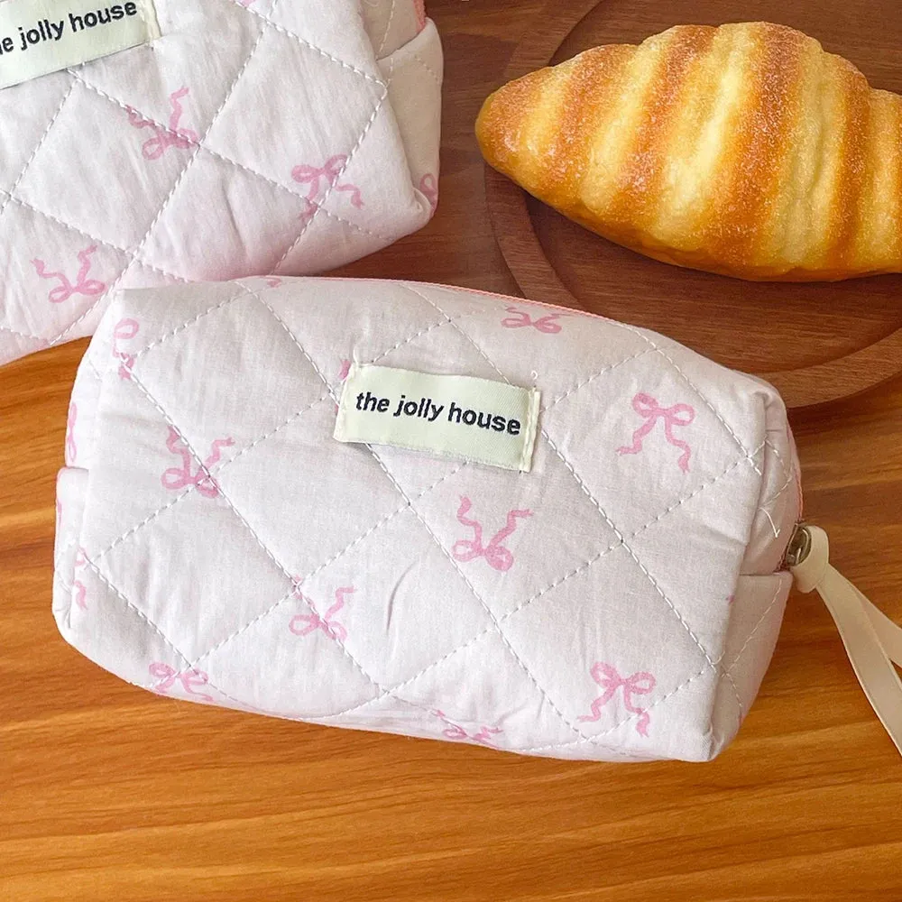 Uakiss Pink Bowknot Quilting Women Cosmetic Bag Portable Zipper Makeup Travel Organizer Female Handbag Toiletry Pouch For Girls
