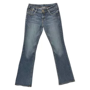 Vintage 90s 00s Y2K Dark Blue Embroidered Denim Distressed Bootcut Jeans 10 12