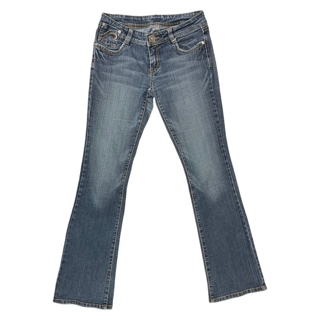 Vintage 90s 00s Y2K Dark Blue Embroidered Denim Distressed Bootcut Jeans 10 12