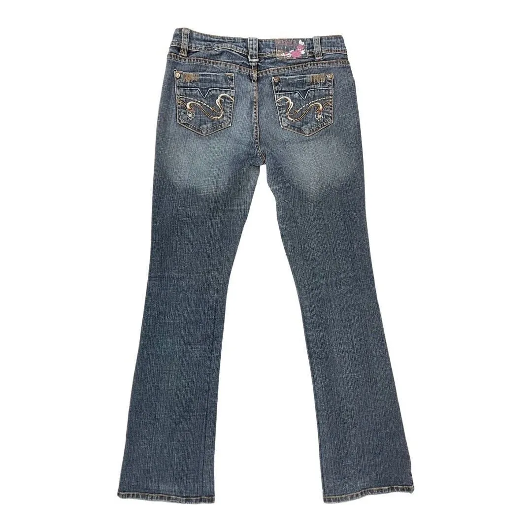Vintage 90s 00s Y2K Dark Blue Embroidered Denim Distressed Bootcut Jeans 10 12