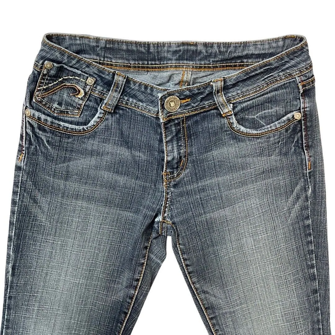 Vintage 90s 00s Y2K Dark Blue Embroidered Denim Distressed Bootcut Jeans 10 12