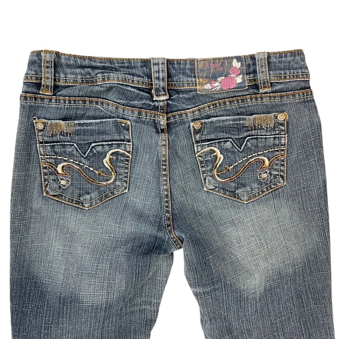 Vintage 90s 00s Y2K Dark Blue Embroidered Denim Distressed Bootcut Jeans 10 12