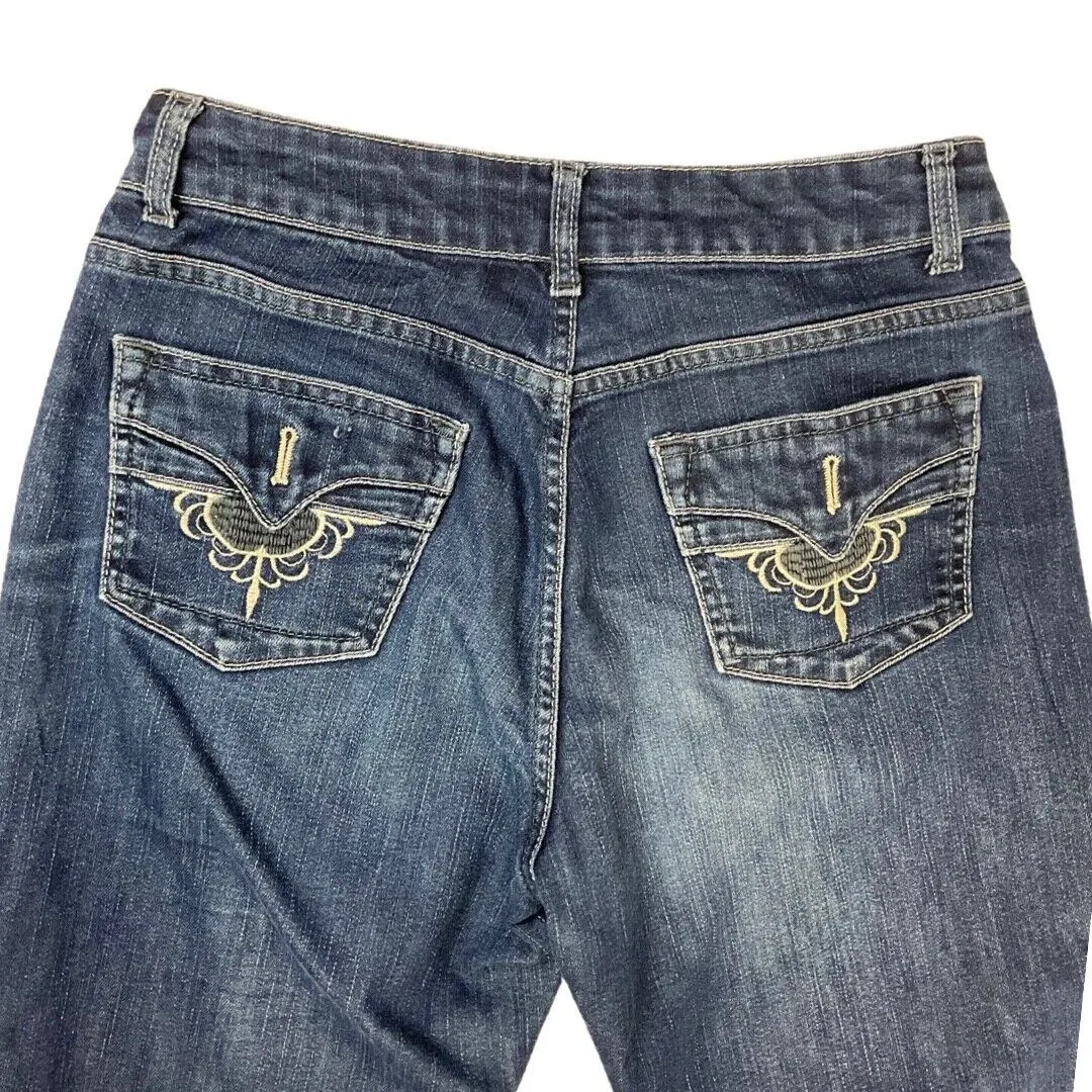 Vintage Y2K Blue White Embroidered Swirl Distressed Bootcut Denim Jeans 10 S