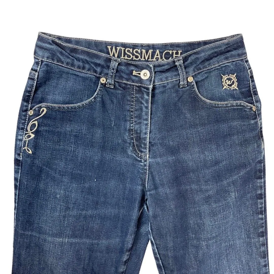 Vintage Y2K Blue White Embroidered Swirl Distressed Bootcut Denim Jeans 10 S