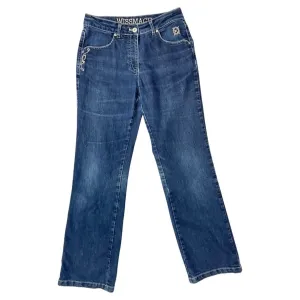 Vintage Y2K Blue White Embroidered Swirl Distressed Bootcut Denim Jeans 10 S