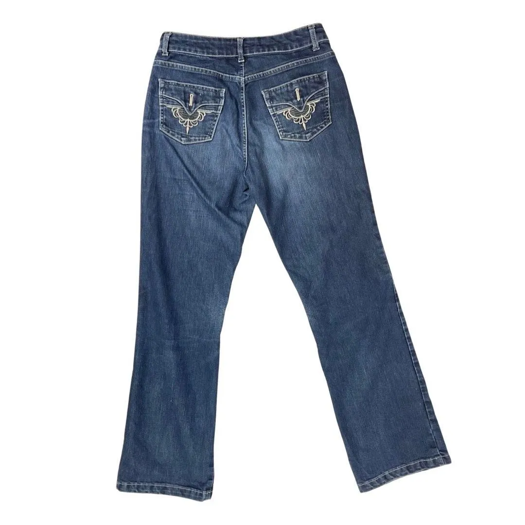 Vintage Y2K Blue White Embroidered Swirl Distressed Bootcut Denim Jeans 10 S