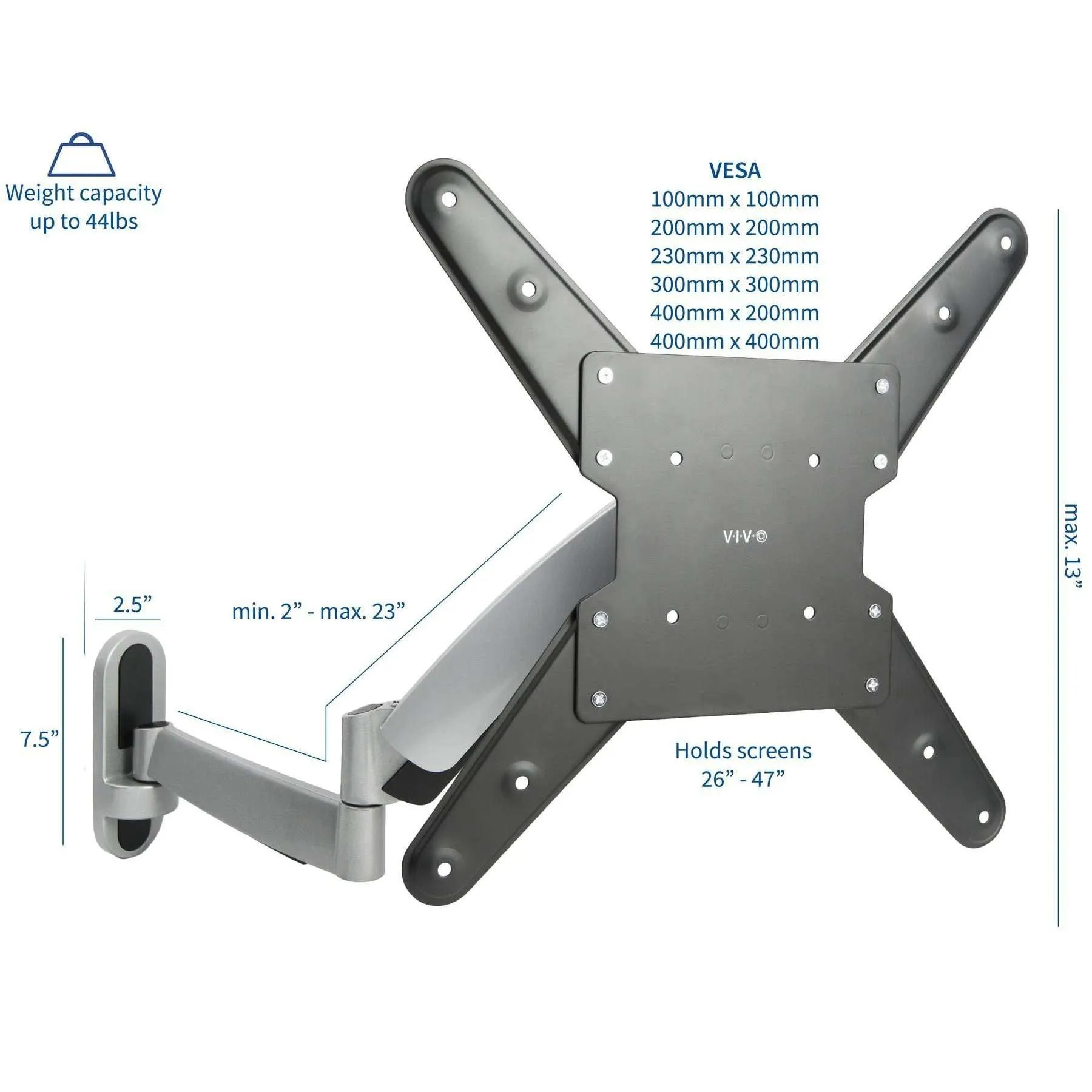 VIVO Silver Pneumatic Arm Wall Mount for 26" to 55" TVs, MOUNT-VW03G, -VW04G