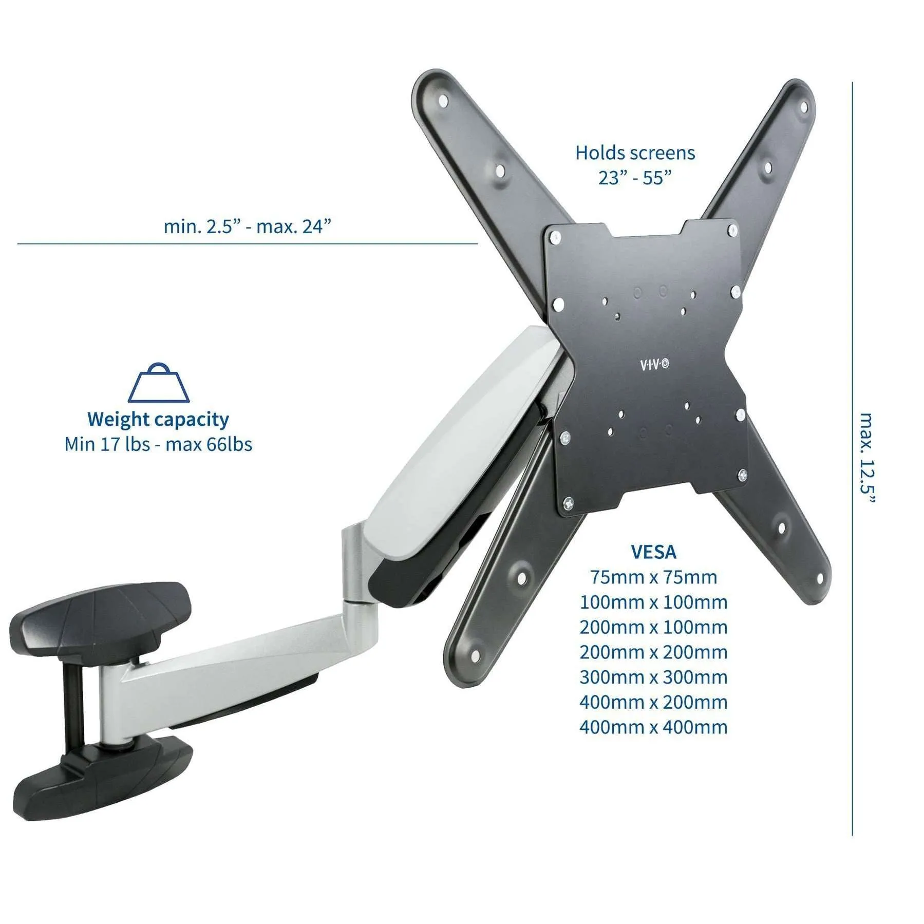VIVO Silver Pneumatic Arm Wall Mount for 26" to 55" TVs, MOUNT-VW03G, -VW04G