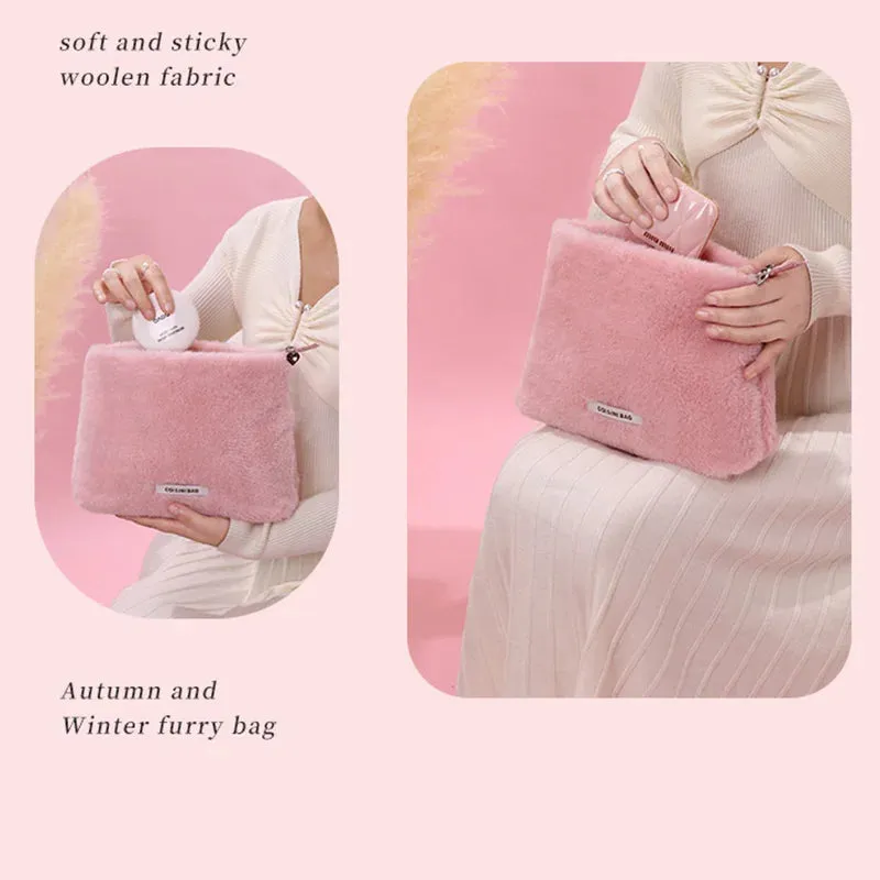 Vvsha Ctue Plush Cosmetic Bag For Women Suqare Make Up Wallet Storage Organizer Pouch Portable Ladies Zipper Makeup Bags Handbag