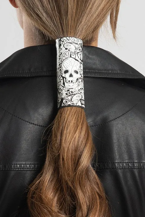 White 4 inch Ponytail Holder with Black Skulls 34027