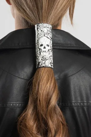 White 4 inch Ponytail Holder with Black Skulls 34027