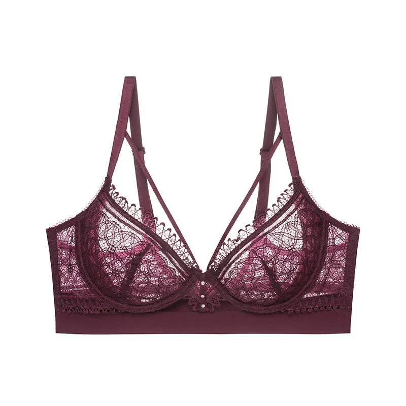 Women French bra, ultra-thin, big breasts, sexy, thin, hollow, breast-retracting, lace, beautiful back, beautiful breasts underwear