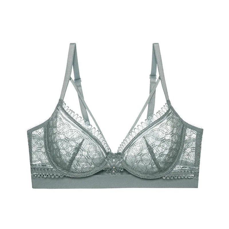 Women French bra, ultra-thin, big breasts, sexy, thin, hollow, breast-retracting, lace, beautiful back, beautiful breasts underwear